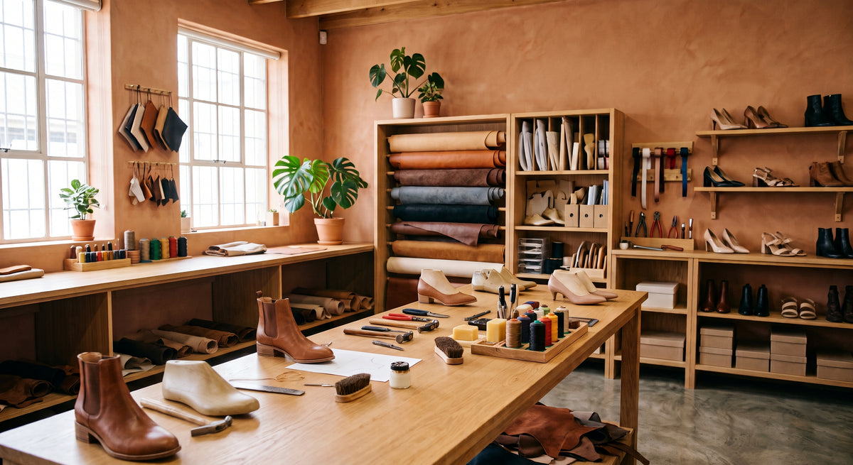Artisanella warm, rustic leather workshop with terracotta-colored walls, featuring a wooden workbench with leatherworking tools and finished brown ankle boots, shelves of leather rolls and shoes, and potted green plants.