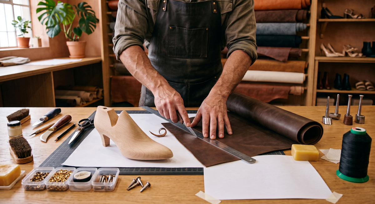A leatherworker in a workshop uses a metal ruler to measure a roll of dark brown leather, with a beige shoe form and leatherworking tools on the workbench.