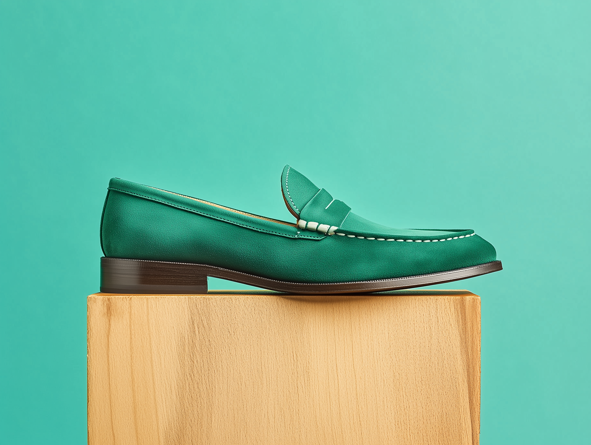 LIVIA • Bespoke Custom Made & Fitted Penny Loafers • JADE GREEN SUEDE